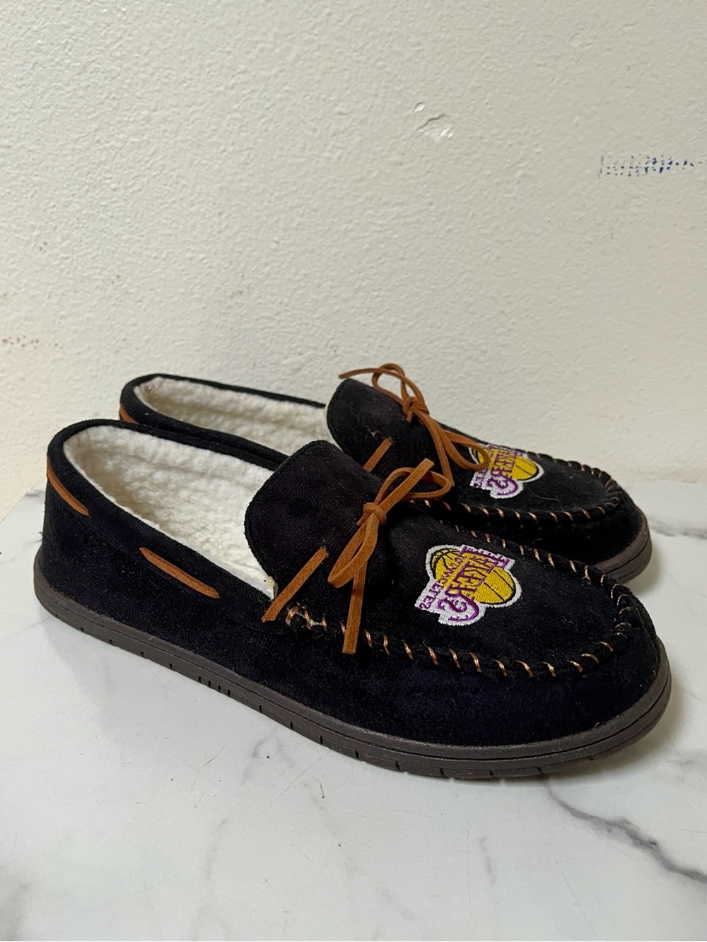 Bakers Black Suede Moccasin Slippers with Lakers Logo
